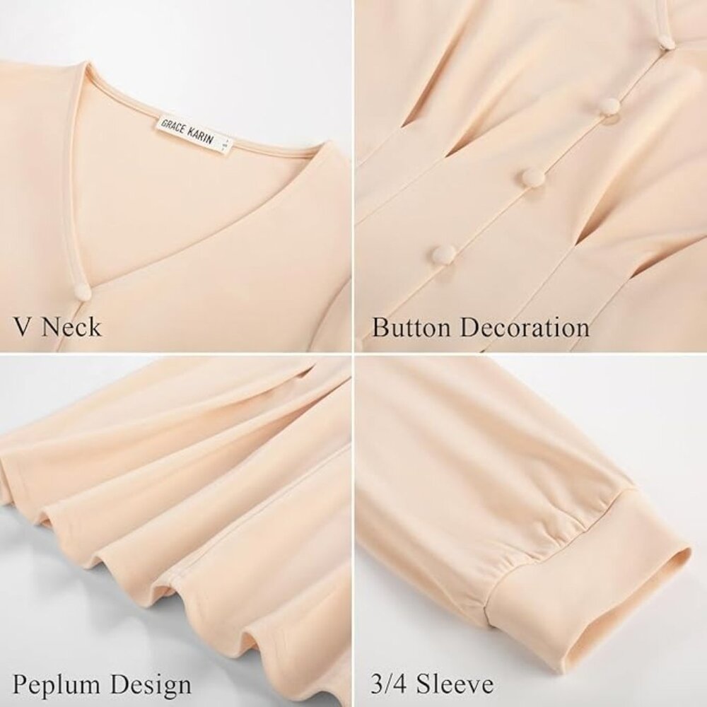 GRACE KARIN  Business Casual Blouse Spring 3/4 Sleeve Peplum Apricot M NEW - Picture 4 of 10